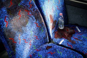 The bloodstained seat where an Israeli soldier was stabbed by a Palestinian teen on a bus in Afula. (Avishag Shaar Yashuv/FLASH90)
