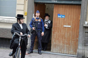 Extra police protection set up near the Jewish center in Antwerp, Belgium after the recent terrorist attack in Brussels. (Photo: Joods Actueel/Flash90)