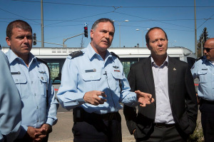 Chief of Police  Danino (C), and Jerusalem mayor  Barkat (R) tour Jerusalem after the attacks. (Miriam Alster/Flash90)