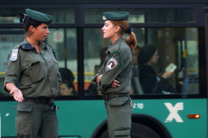 Two border police women securing Jerusalem's center. (Photo by Nati Shohat/ Flash90)