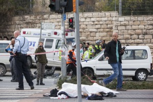 Site where an Arab man drove his car into a crowd of people waiting by the Shimon ha Tzadik lightrail station in Jerusalem