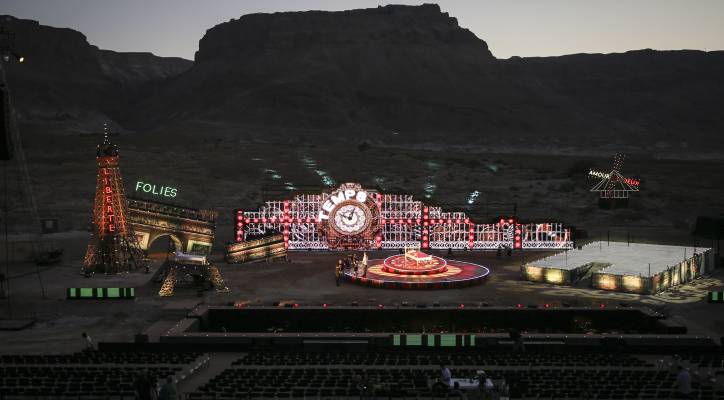 Preparations take place on stage ahead of the Israeli Opera performance at Masada. (Flash 90)