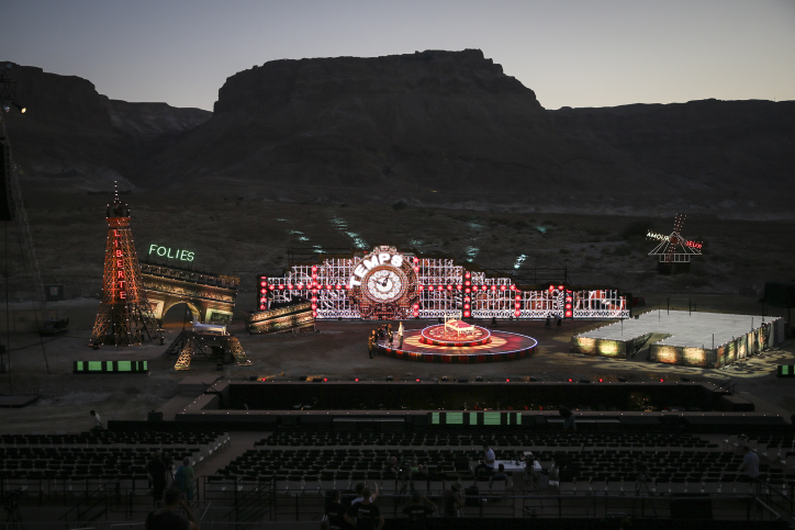 Preparations take place on stage ahead of the Israeli Opera performance at Masada. (Flash 90)