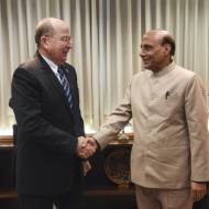 Israeli Defense Minister Moshe Ya'alon meets with Indian Minister of Home Affairs Shri Rajnath Singh, in Tel Aviv on November 07, 2014. (Photo: Alon Basson / Ministry of Defense/ FLASH90)
