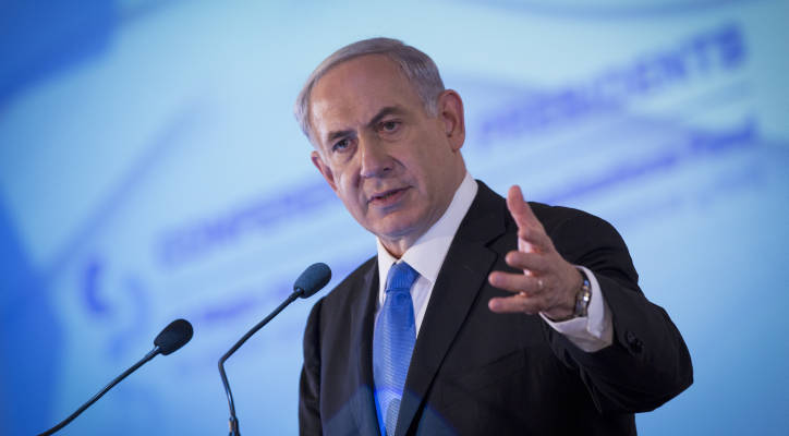 Israel's Prime Minister Benjamin Netanyahu speaks at the Conference of Presidents of Major Jewish organizations in Jerusalem on February 16, 2015. (Miriam Alster/FLASH90)