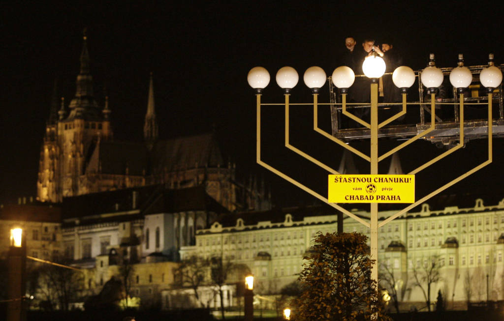 A giant Hanukkah Menorah in Prague Czech Republic.