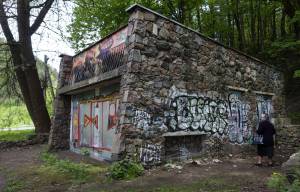 The power substation built of tombstones from a Jewish cemetery in Vilnius, Lithuania. (AP/Mindaugas Kulbis)
