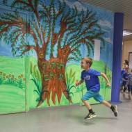 Children participate in an emergency drill.