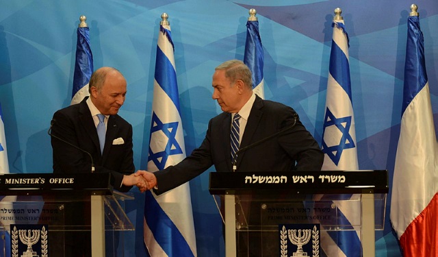 PM Benjamin Netanyahu with French Foreign Minister Laurent Fabius
