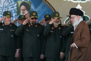 Iran Supreme Leader Ali Kahmenei and IRGC commanders. (Office of the Iranian Supreme Leader via AP)
