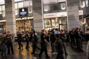 Scene of shooting at the Sarona Market shopping center in Tel Aviv Monday. (Miriam Alster/Flash90)