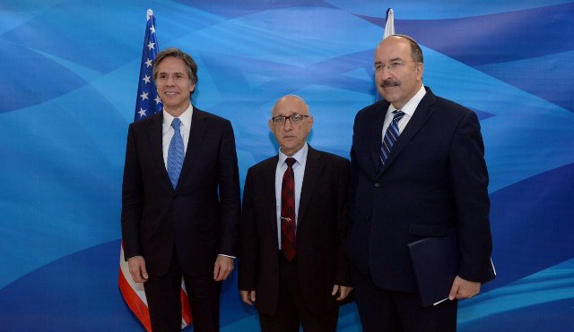 Israeli Ministry of Foreign Affairs Director General Dr. Dore Gold (R), Acting National Security Advisor Jacob Nagel and US Deputy Secretary of State Antony Blinken