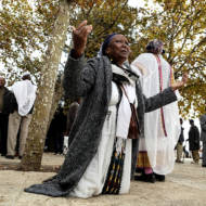 Thousands of Ethiopian Jews take part in a prayer of the Sigd holiday on the Armon Hanatziv Promenade overlooking Jerusalem on November 30, 2016.