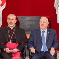 President Reuven Rivlin (R) and Apostolic Administrator of the Latin Patriarchate Archbishop Pierbattista Pizzaballa