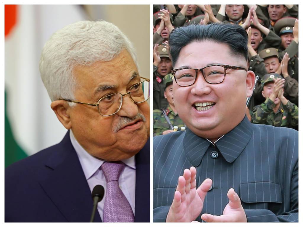 Palestinian President Mahmoud Abbas (L) and North Korean dictator Kim Jong-un (Yuri Kochetkov via AP/Korea News Service via AP)