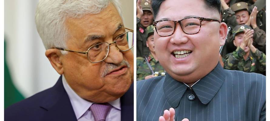 Palestinian President Mahmoud Abbas (L) and North Korean dictator Kim Jong-un (Yuri Kochetkov via AP/Korea News Service via AP)