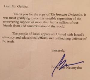 PM Netanyahu personal thank you letter to UWI Founder Michael Gerbitz
