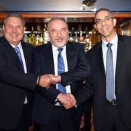 Greek Defense Minister Panos Kammenos (L) and his Israeli and Cypriot counterparts Avigdor Liberman (C) and Savvas Angelides