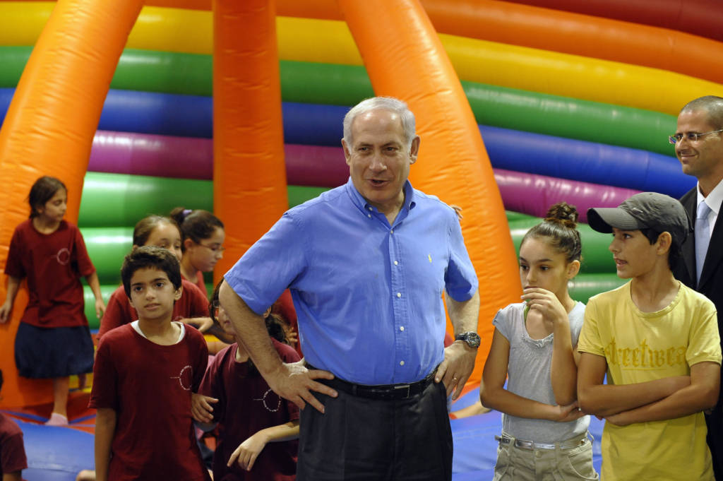 Israeli Prime Minister Benjamin Netanyahuin Sderot's sheltered playground. (AP Photo/David Buimovitch, Pool)