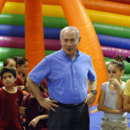 Israeli Prime Minister Benjamin Netanyahuin Sderot's sheltered playground. (AP Photo/David Buimovitch, Pool)