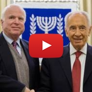Republican US Senator John McCain (L) shake hands with Israeli President Shimon Peres. (Yonatan Sindel/Flash90)