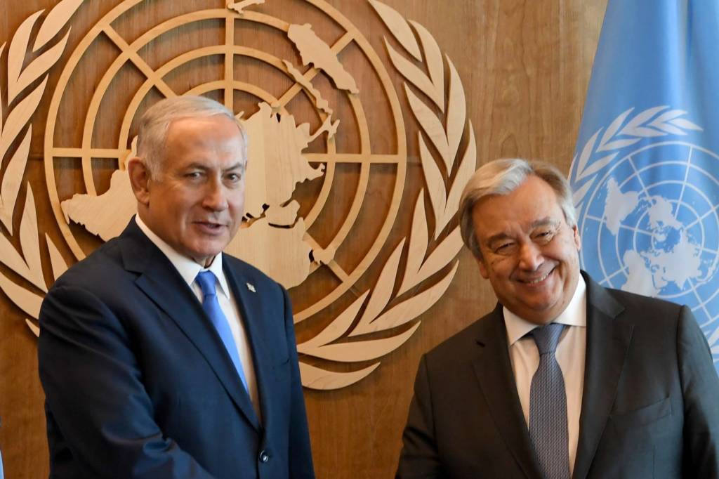 PM Benjamin Netanyahu and the UN's Antonio Guterres. (Avi Ohayon/GPO)