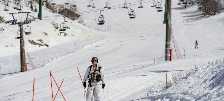 An Israeli soldier skis at Mount Hermon in the Golan Heights. (Basel Awidat/Flash90)