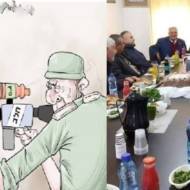 Palestinian anti-Israel boycott propaganda (L), PA government employees enjoying Israeli products. (PMW/Facebook)