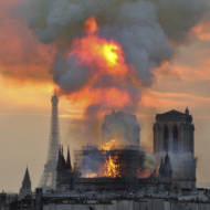 Notre Dame cathedral in Paris on fire. (AP Photo/Thierry Mallet)