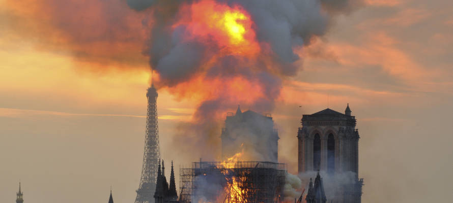 Notre Dame cathedral in Paris on fire. (AP Photo/Thierry Mallet)