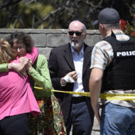 The scene of a shooting attack at the Chabad of Poway synagogue in California. (AP Photo/Denis Poroy)