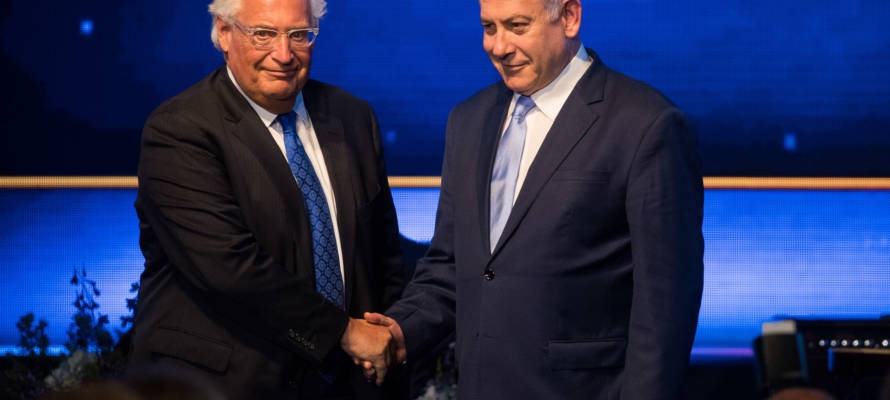 US Ambassador to Israel David Friedman and Prime Minister Benjamin Netanyahu marking one year since the US Embassy move. ( Yonatan Sindel/Flash90)