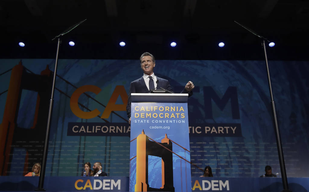 Gov. Gavin Newsom at the 2019 California Democratic Party State Organizing Convention. (AP Photo/Jeff Chiu)