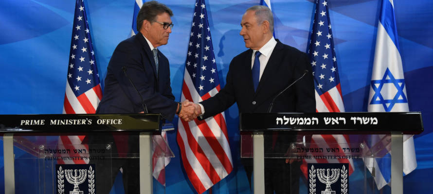US Energy Secretary Rick Perry, left, shakes hands with Prime Minister Benjamin Netanyahu.