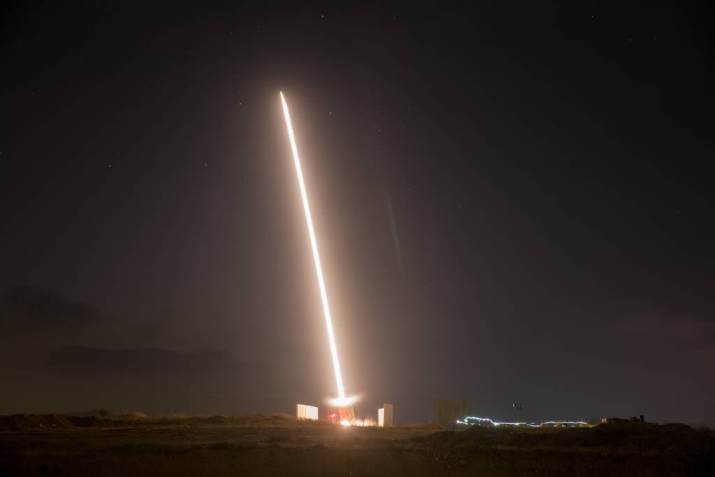 An Iron Dome Missile Defense battery set up in the Southern Israeli city of Sderot fires an intercepting missile.