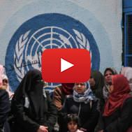 UNRWA staff members outside the UNRWA offices in Gaza City on April 14, 2019.