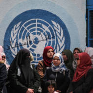 UNRWA staff members outside the UNRWA offices in Gaza City on April 14, 2019.