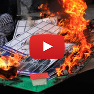Fatah supporters burn a model of an Israeli Jewish community and images of Israeli political leaders during a rally to celebrate the 55th anniversary of the founding of the Fatah movement, in Shechem (Nablus), on January 6, 2020.
