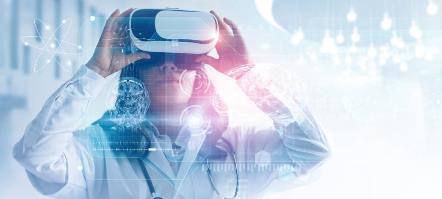 Medical,Technology,Concept.,Mixed,Media.,Female,Doctor,Wearing,Virtual,Reality