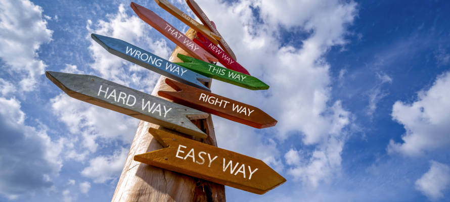 Crossroad,Signpost,Saying,Hard,Way,,,Easy,Way,,Wrong,Way