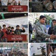 Boys pose with weapons at the Hamas arms exhibition