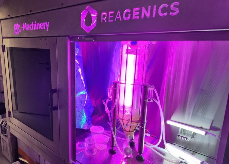 An encasement housing a series of bioreactors inside ReaGenics’ Ness Tziona lab