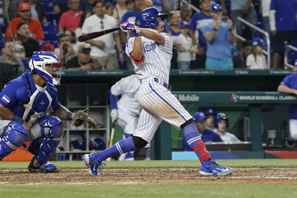 Team Israel's Garrett Stubbs hits a double