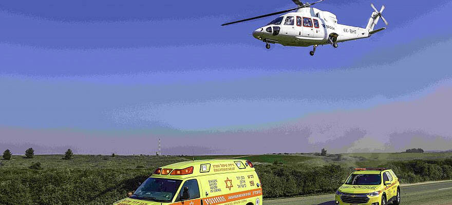 A Hatzolah Air Medivac Helicopter drills with a Magen David Adom ambulance in Israel