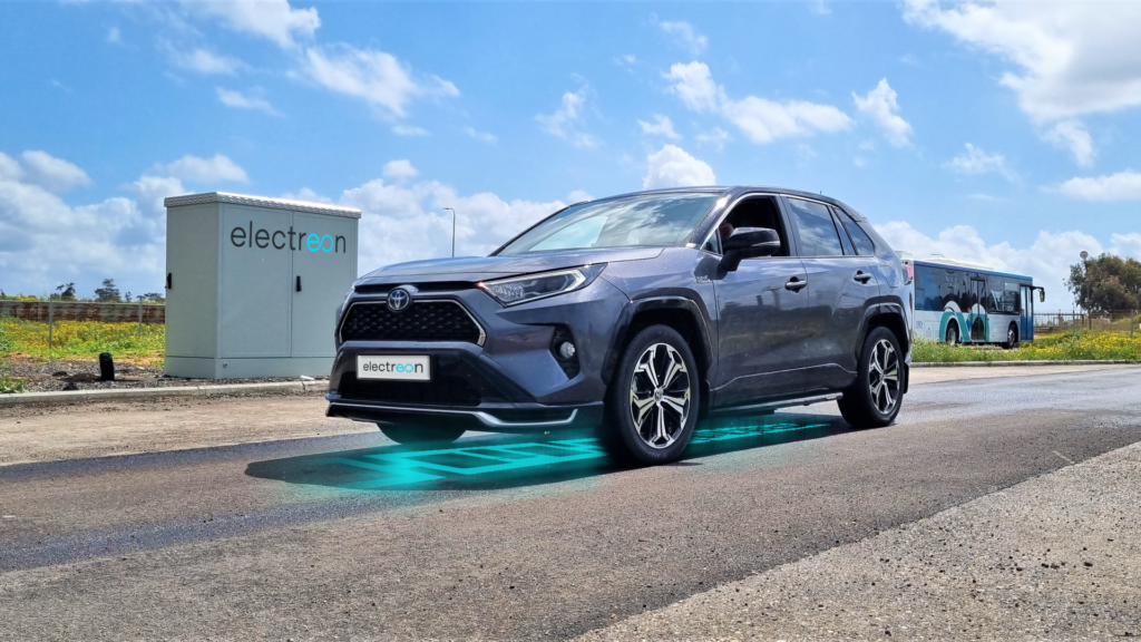 A rendering of a Toyota electric vehicle installed with Electreon wireless charging technology.