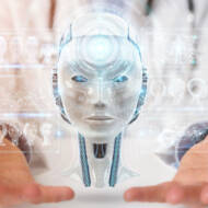 Doctor on blurred background using digital artificial intelligence interface 3D rendering