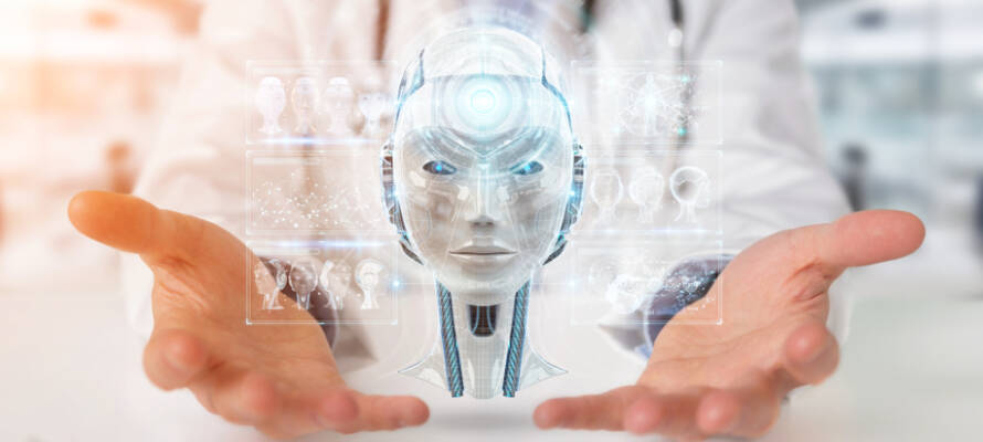 Doctor on blurred background using digital artificial intelligence interface 3D rendering