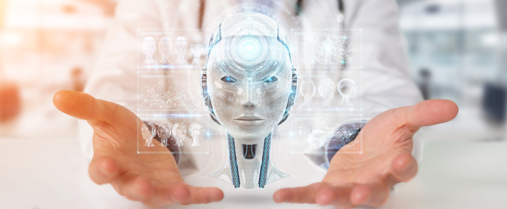 Doctor on blurred background using digital artificial intelligence interface 3D rendering