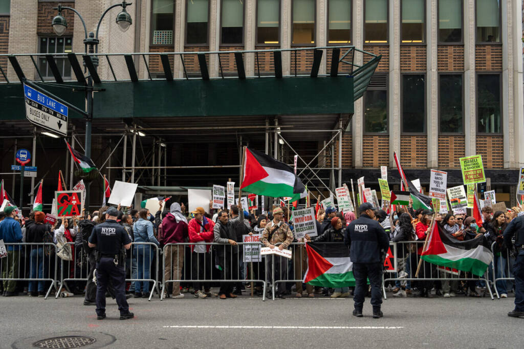 Anti-Israel protesters gather near the Consulate General of Israel in New York
