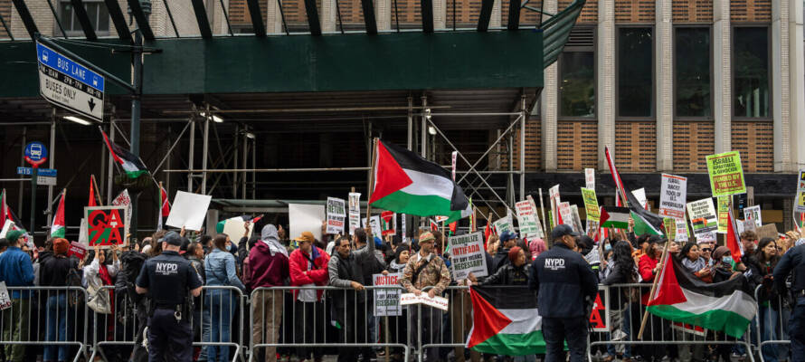 Anti-Israel protesters gather near the Consulate General of Israel in New York